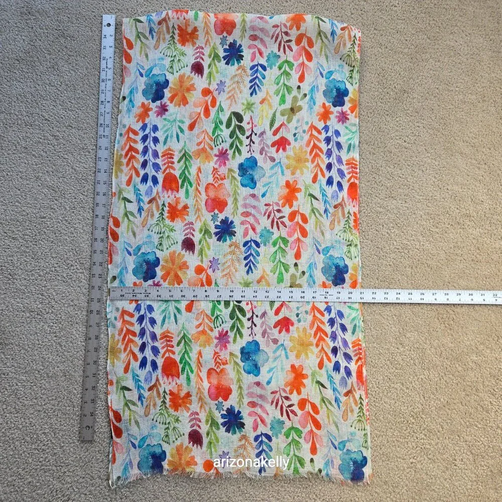 NWOT Linen Scarf Watercolor Flowers Colorful Art - Picture 9 of 10
